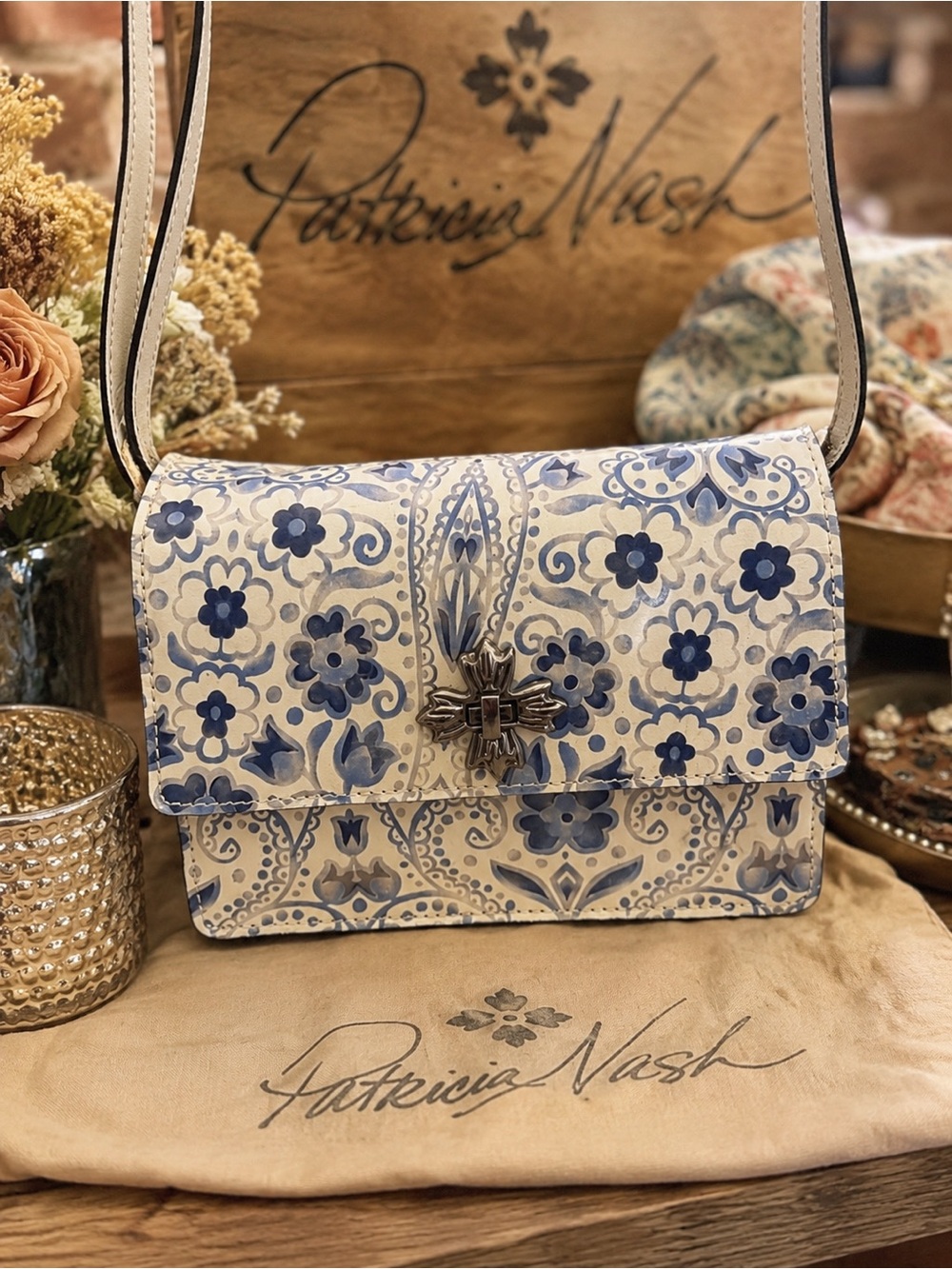 Patricia Nash Giada Crossbody Bag Italian Folklore Blue & White Grain Leather